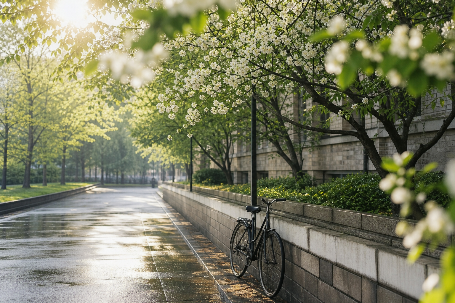 雨后校园小路与春日花树