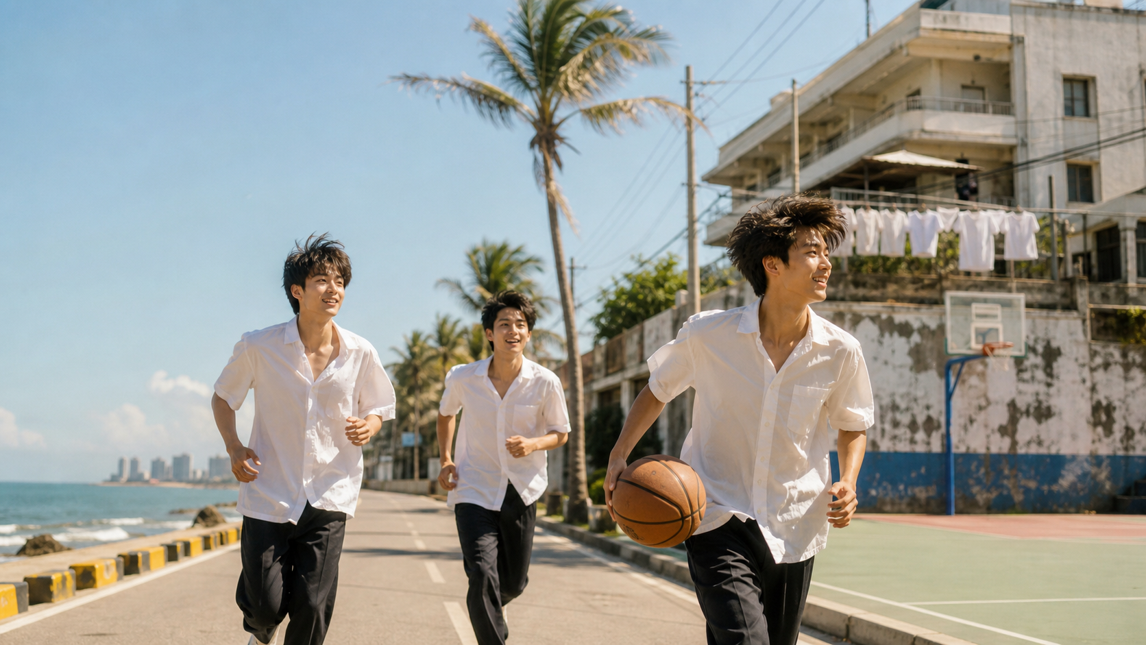 海边道路与夏日奔跑的年轻人